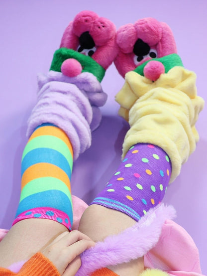 Gyaru Fashion Perple&Yellow Plushie Leg Warmers + Colorful Striped And Polka-Dot Pattern Over-Knee Stockings