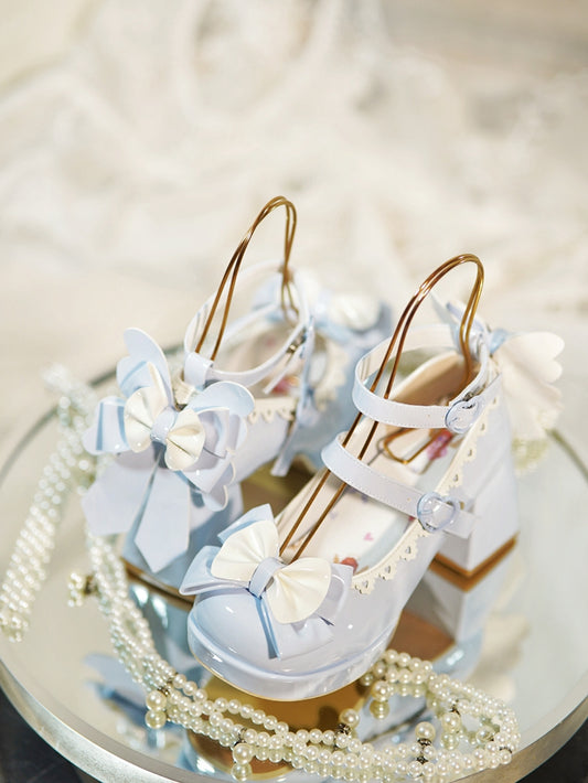 Bow Accents Blue Sweet Lolita Shoes High Block Heel Heart-shaped Buckles