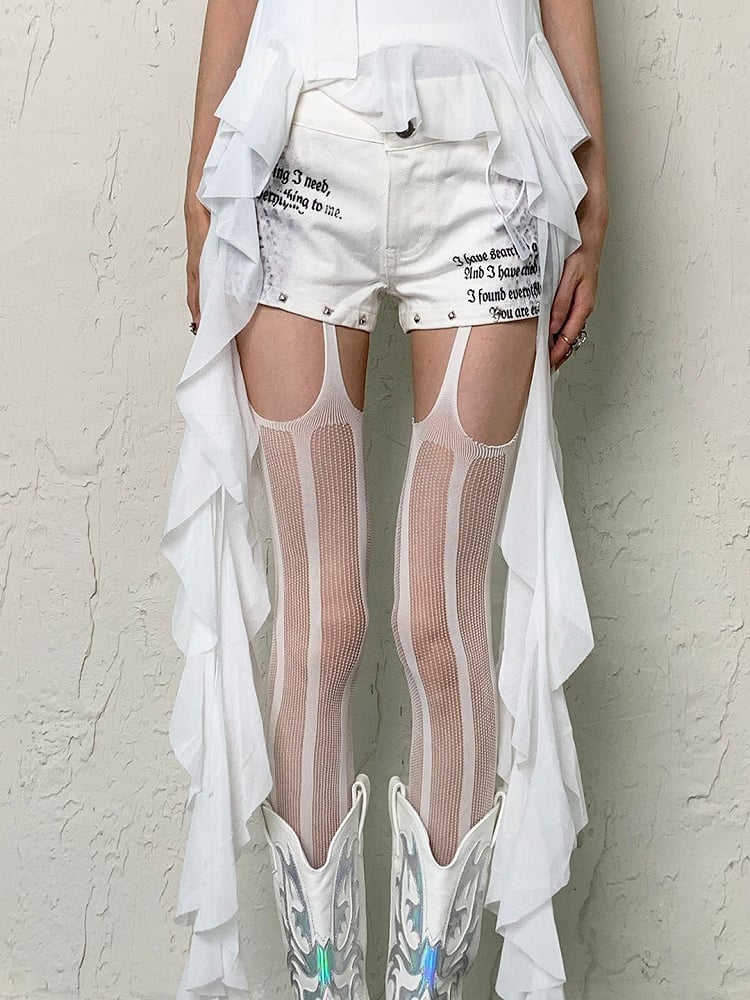 White/Black Y2K Striped Pattern Fishnet Suspender Tights