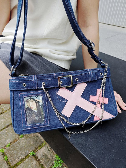 Dark Blue Cross Design Denim Ita Bag with Detachable Chain