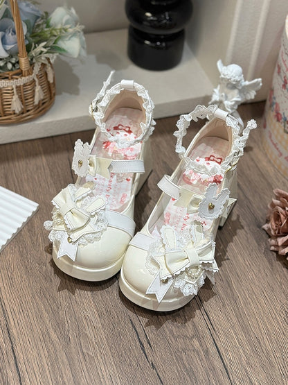 Polished White Sweet Lolita Bunny Decorated Bowknot Details Lace Trim Platform High Block Heels