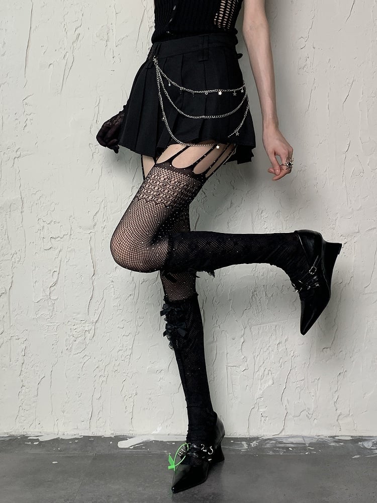 Black Y2K Floral Pattern Bowknot Details Semi-sheer Underknee Stockings