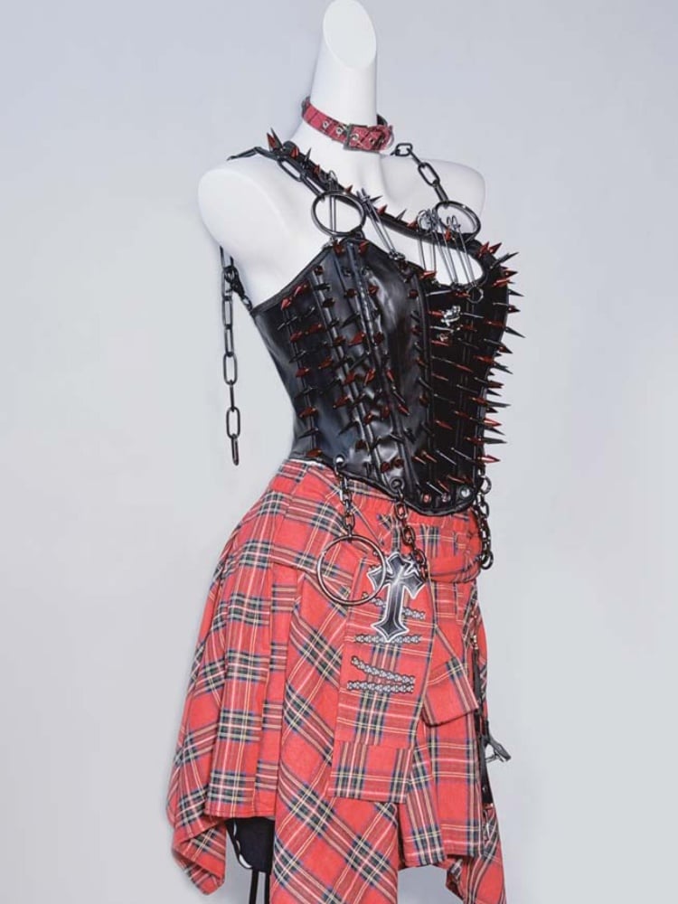 Black Punk Stud Pin Chain Detail PU Cami Top with Lace-up Closure at Back