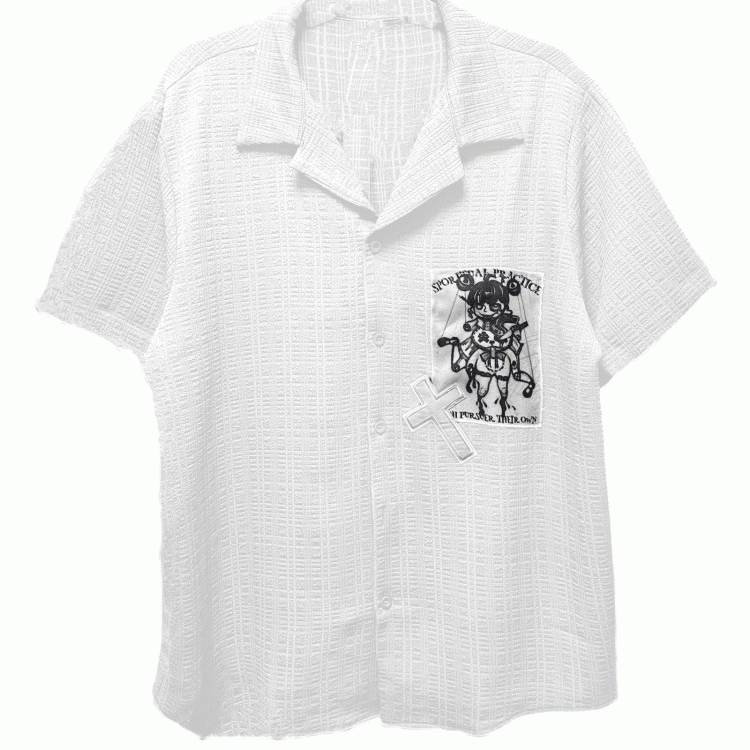 Punk Applique Black/White Notched Collar Short Sleeves Shirt