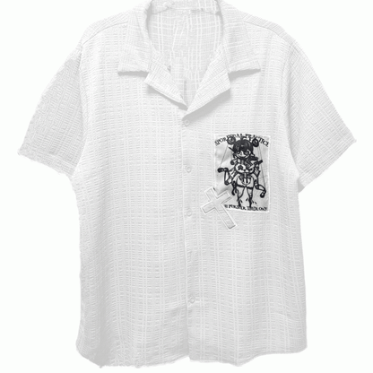 Punk Applique Black/White Notched Collar Short Sleeves Shirt