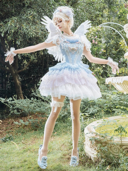 Blue Princess Lolita Floral Embroidery Corset Dress Lolita JSK Full Set