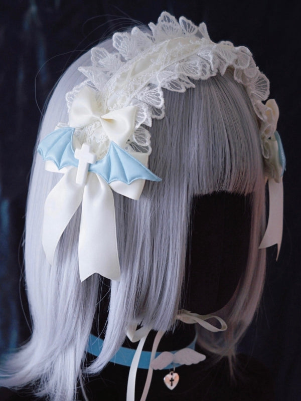 Crosses and Blue Wings White Bowknots Lace Hairband