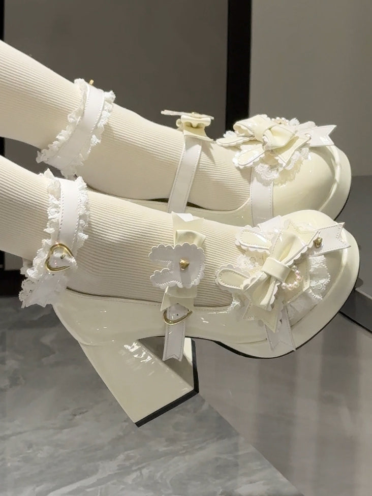 Polished White Sweet Lolita Bunny Decorated Bowknot Details Lace Trim Platform High Block Heels