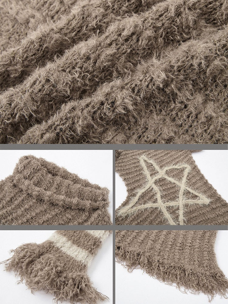 Brown Vintage Punk Batwing Sleeves Loose Five-pointed Star Sweater