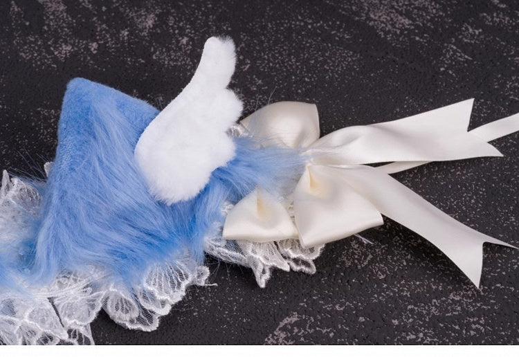 Handmade Wings Blue and White Bowknots Kitty Ears Hairband