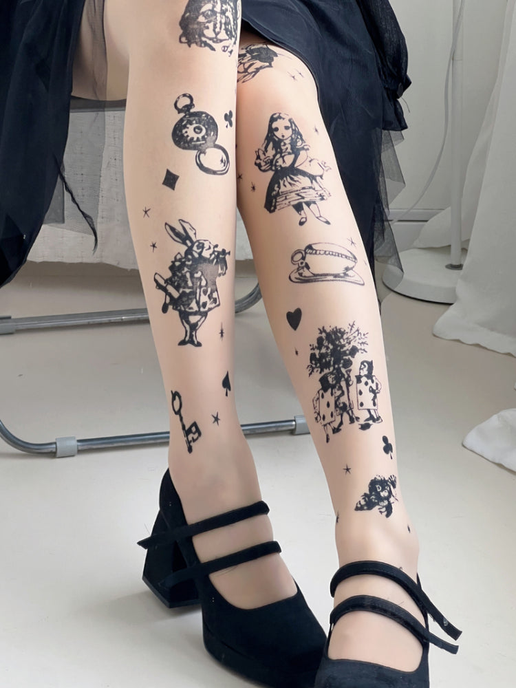 Nude Alice In Wonderland Vibes Tights With Clock And Bunny Print