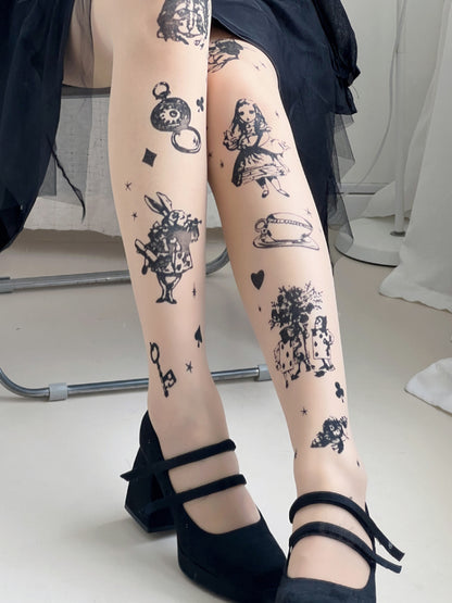 Nude Alice In Wonderland Vibes Tights With Clock And Bunny Print