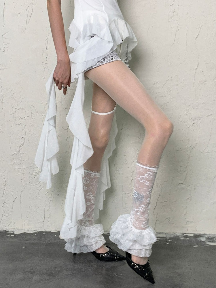 White Y2K Floral Pattern Ruffle Trims Semi-sheer Leg Seeves