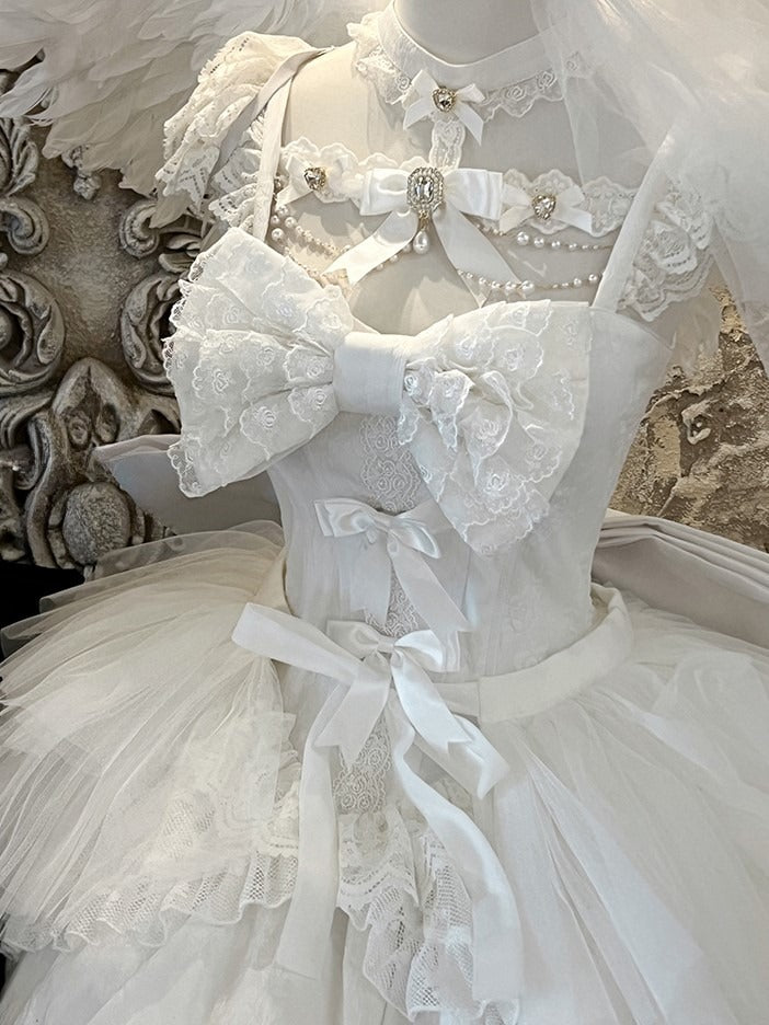 Beads and Rhinestones Neckline Design White Shiro Lolita Dress with Lace Trim and Bow Accents