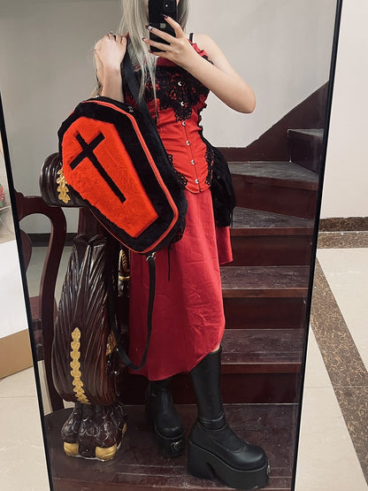 Black & Red Gothic Cross Coffin-Shaped Large Backpack