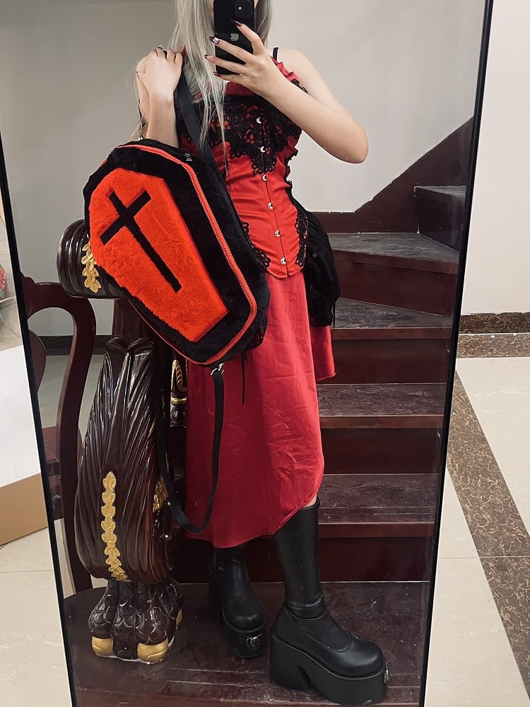 Black & Red Gothic Cross Coffin-Shaped Large Backpack