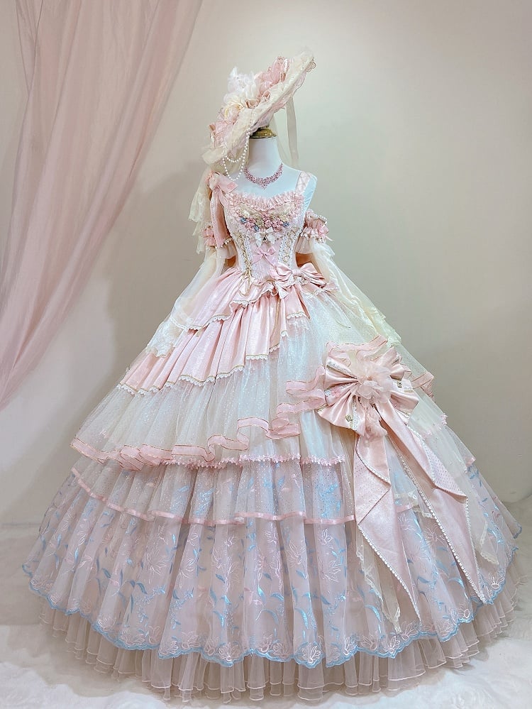 Clearance-Size S for Bust 80CM Pink Corset Bodice Hanayome Hime Lolita Floral Embroidery Layered Floor Length Dress Long Version