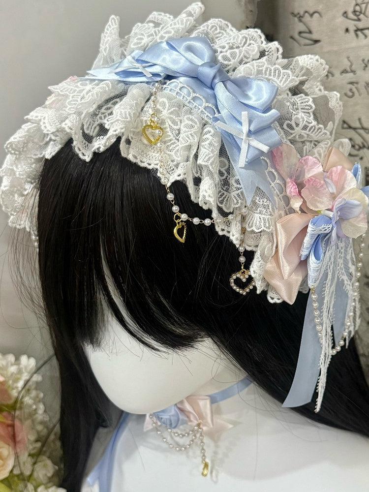 White&Blue Beaded And Heart Charm Bowknot Details Ruffled Hairband + Floral Design Bowknot Choker