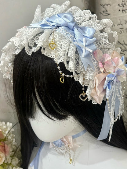 White&Blue Beaded And Heart Charm Bowknot Details Ruffled Hairband + Floral Design Bowknot Choker