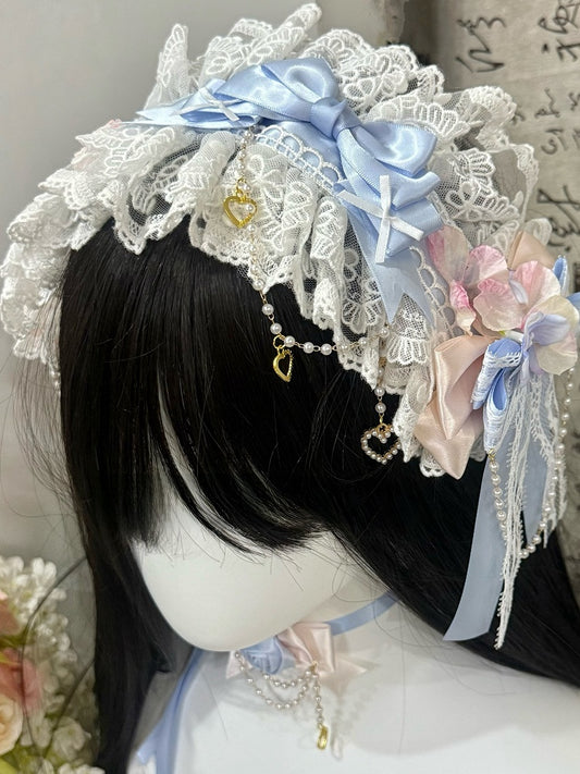 White&Blue Beaded And Heart Charm Bowknot Details Ruffled Hairband + Floral Design Bowknot Choker