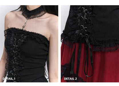 Black Lace-up Front Ruffled Lace Trim Halter Neck Glamorous Strapless Top