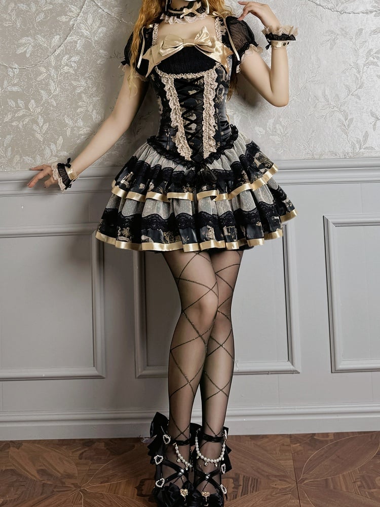 Bunny and Kitty Print Black and Gold Short Puff Sleeves Lolita Corset Dress