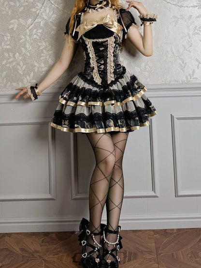 Bunny and Kitty Print Black and Gold Short Puff Sleeves Lolita Corset Dress