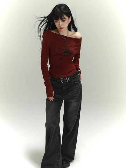 Wine Red Asymmetrical Neckline Spider Print Glamorous Slim-fitting Top