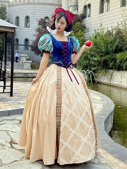 Snow White Full Set- Blue Boned Corset + Golden Skirt + Lace Collar + Red Bow Hairclip