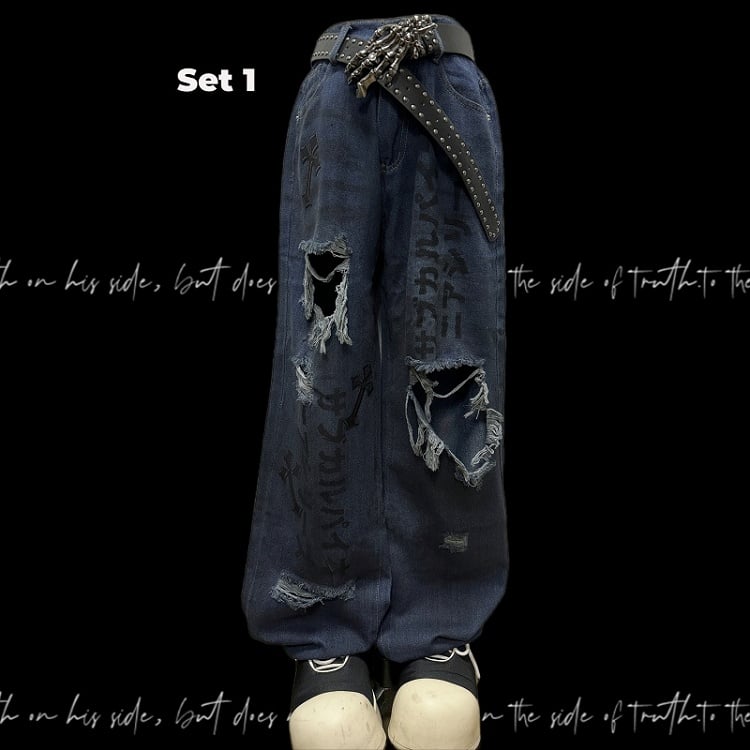 Blue Distressed Holes Raw Hem Punk Jeans