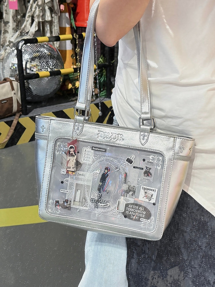 Silver Cross Detail Ita Shoulder Bag with Detachable Butterfly Charm Chain