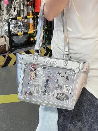 Silver Cross Detail Ita Shoulder Bag with Detachable Butterfly Charm Chain