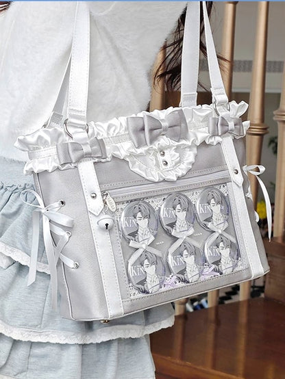 Silver&White Bowknot Details Ruffles Trim Lace-up Design Ita Bag
