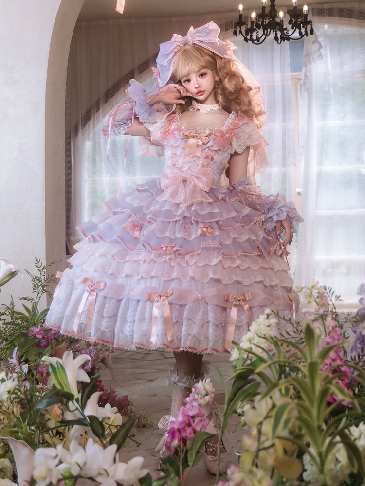 Purple and Pink Hime Lolita Bow Accents Tiered Skirt Princess Dress