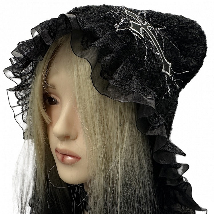 Y2K Black Cross Applique Lace Trim Punk Knit Hat