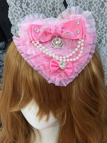 Pink Rhinestone Decorated Beaded Charm Bowknot Details Bowknot Details Heart-shaped Hairclip
