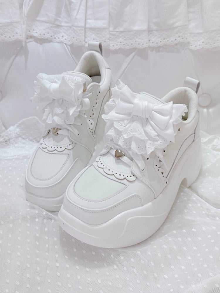 White Jirai Kei Detachable Bowknot Lace Trim Front Lace-up Ties Sneakers