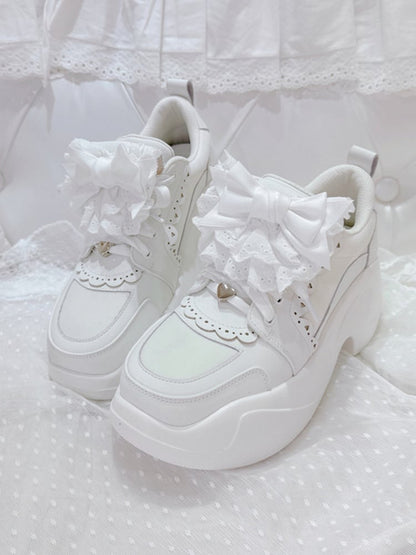 White Jirai Kei Detachable Bowknot Lace Trim Front Lace-up Ties Sneakers