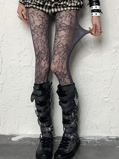 Dark Purple Floral Pattern Lace Tights