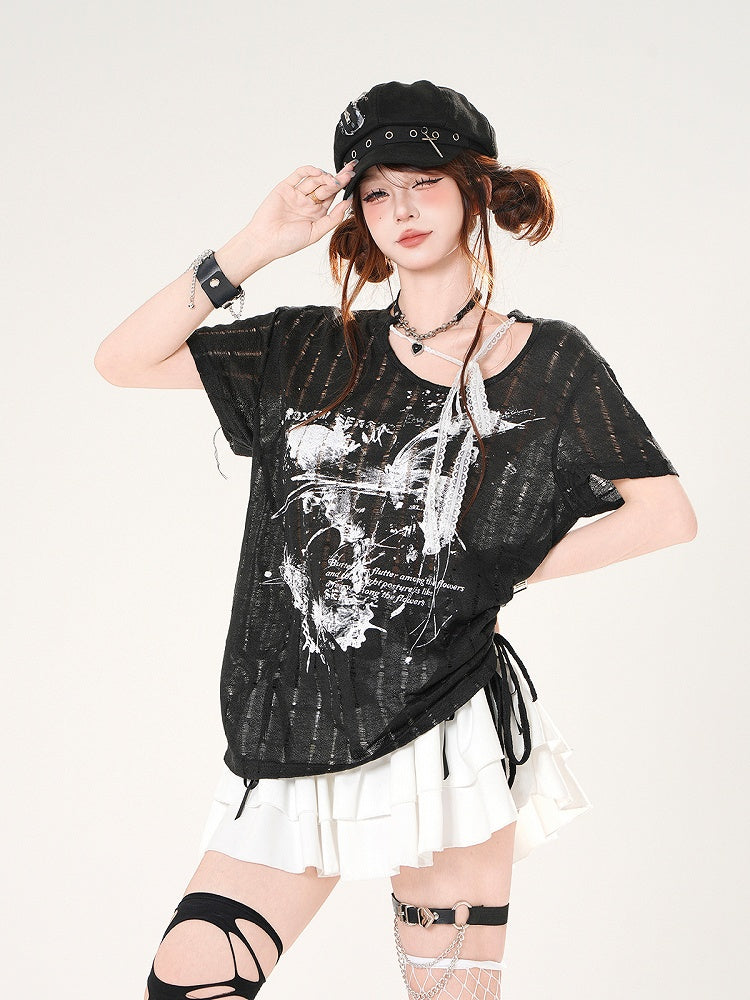 Self-tie Straps Neckline Butterfly Print Black/White Distressed Holes T-shirt