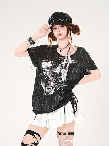 Self-tie Straps Neckline Butterfly Print Black/White Distressed Holes T-shirt