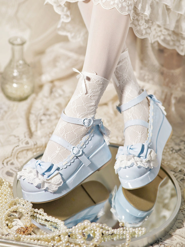 Baby Blue Bow at Top Lace Trim Heart Buckles Platforms