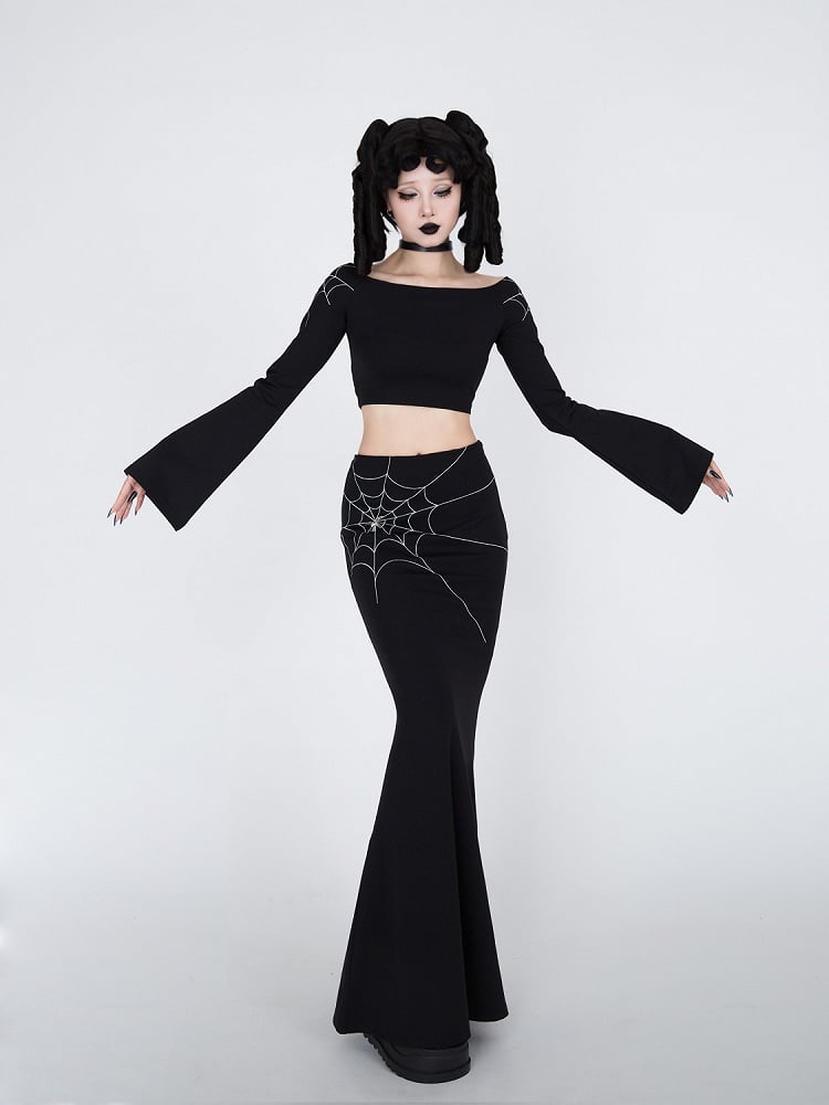 Gothic Black Spiderweb Embroidery Mermaid Skirt
