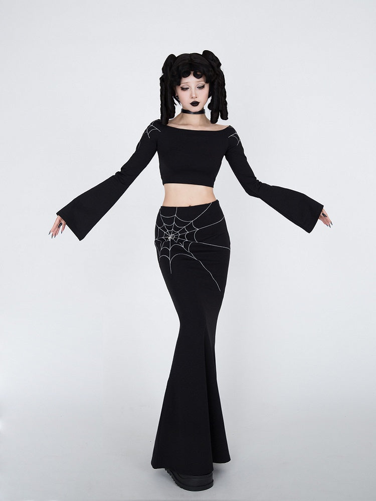 Gothic Black Spiderweb Embroidery Mermaid Skirt