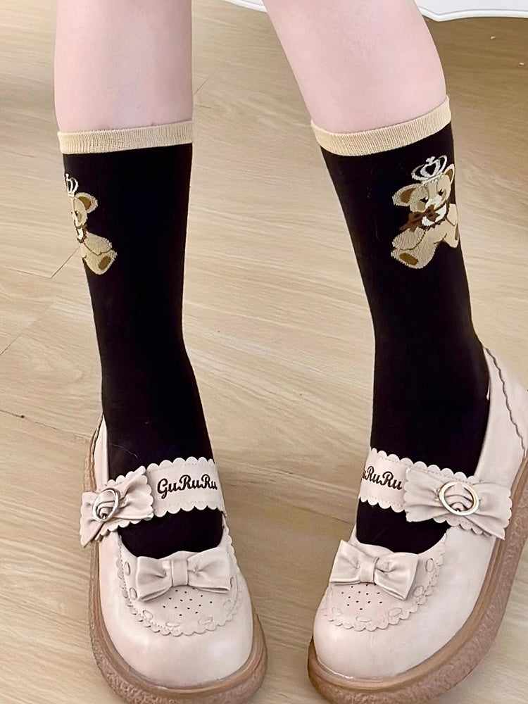Brown Teddy Bear Print Lolita Calf Socks