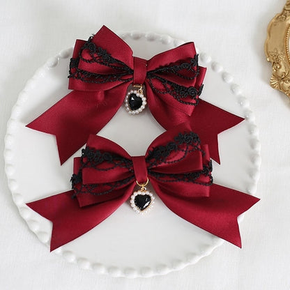 9 Colors A Pair of Bowknot Heart Charm Hairclips with Black Lace Decorations