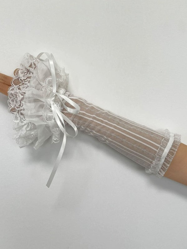 White/Black Lolita Lace Ruffled Cuffs Semi-sheer Striped Sleeves With Self-tie Straps