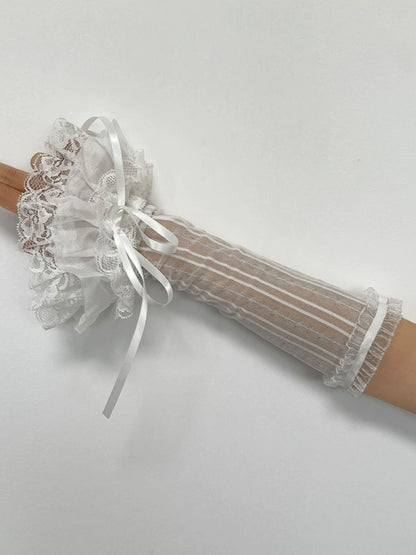 White/Black Lolita Lace Ruffled Cuffs Semi-sheer Striped Sleeves With Self-tie Straps