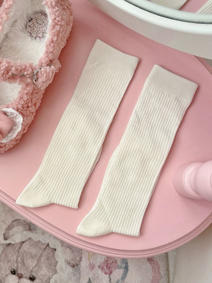 White Striped Pattern Lolita Calf Socks