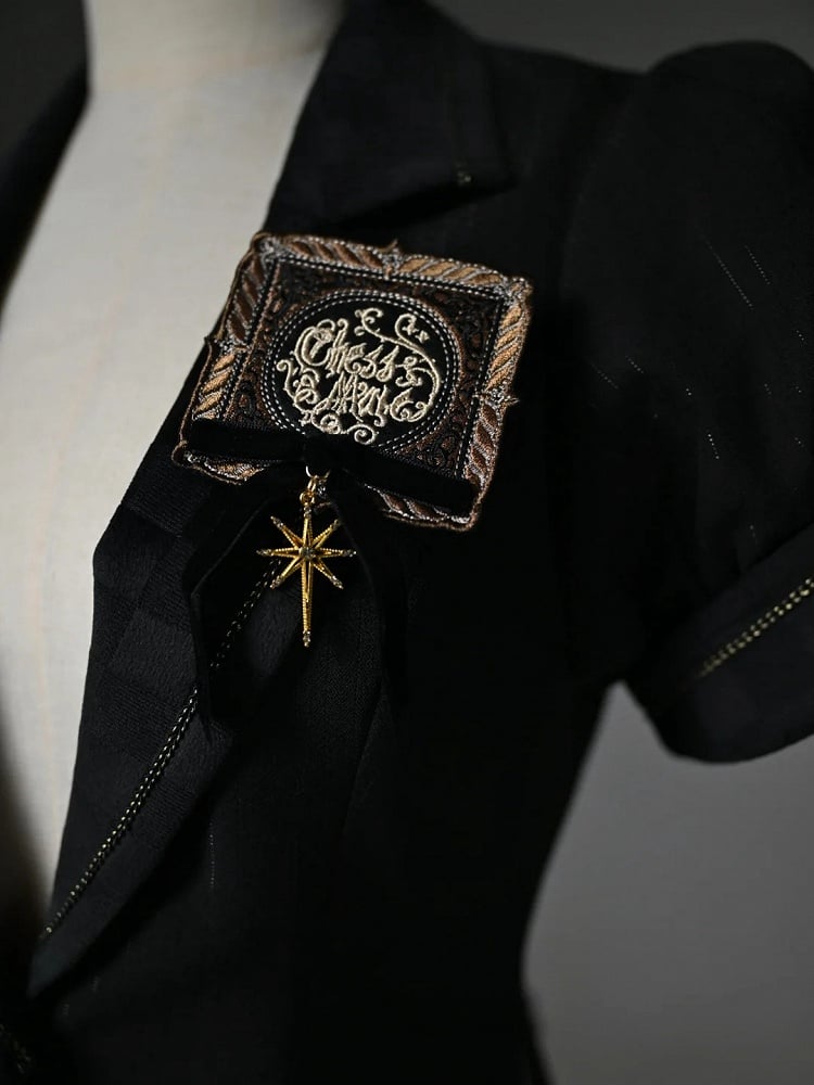 Black Blazer Collar Short Puff Sleeves Split-Tail Top